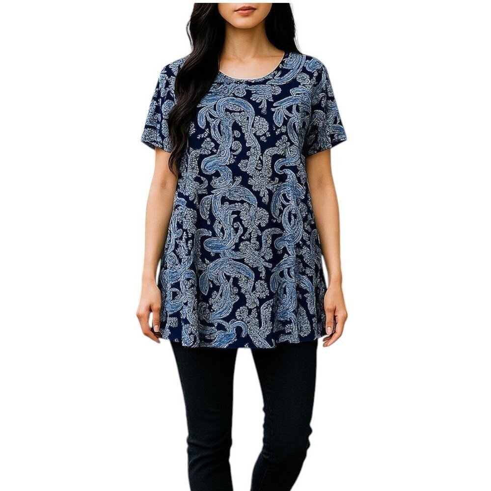 BELAROI Women’s Boho Blue Paisley Print Short Sleeve Tunic Top - Size 1X